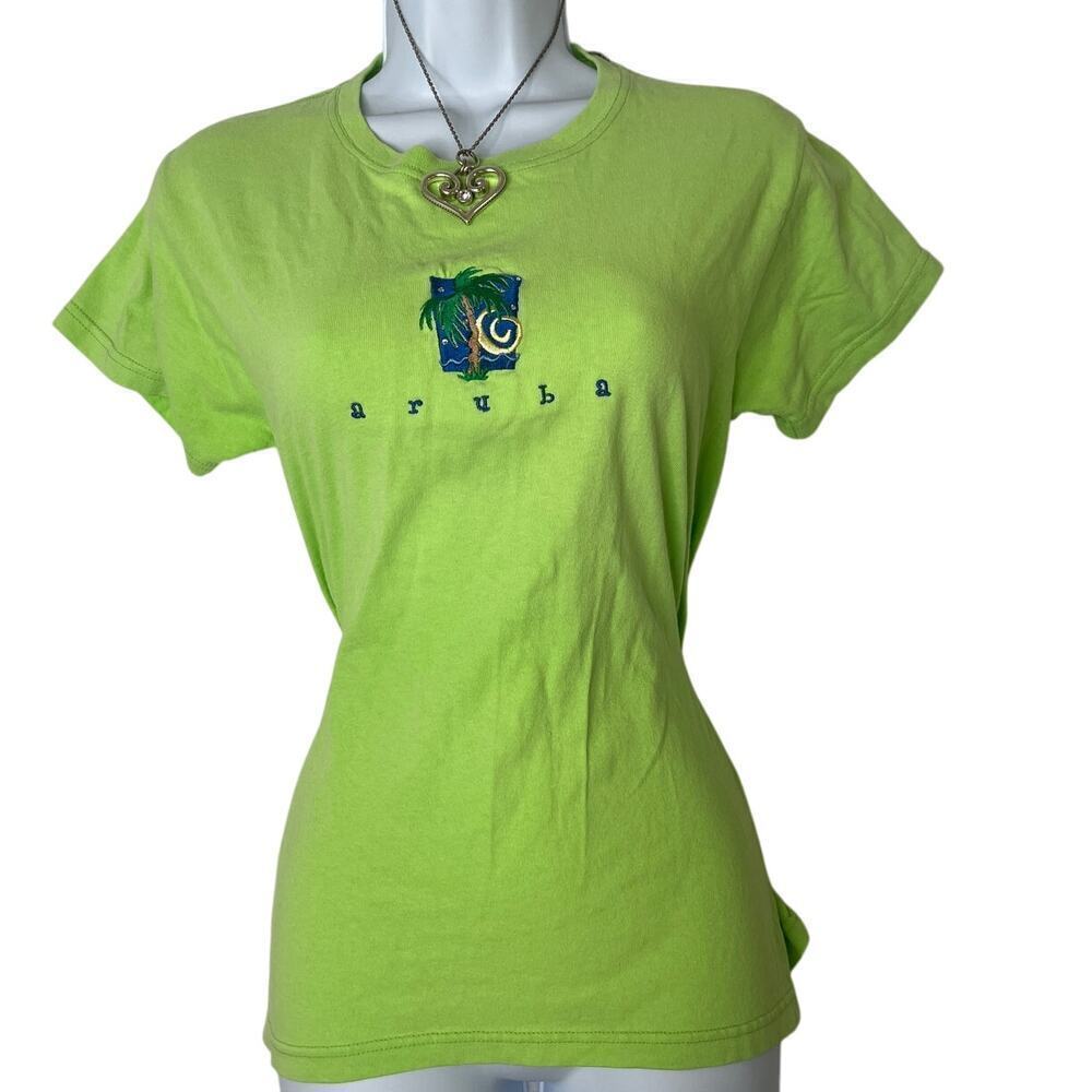 VTG Anvil Aruba Travel Baby Tee Sparkle Embroidered Souvenir Green Tropical sz S
